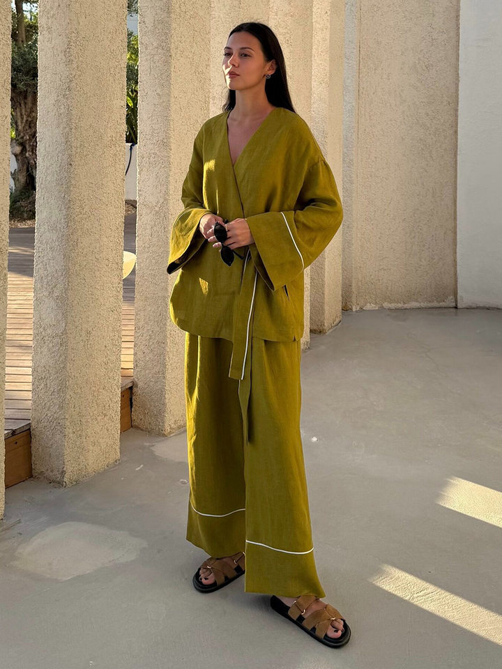 Bộ đầm hai món nữ áo cardigan cổ chữ V dài tay phối quần ống rộng — Màu be, Xanh lá cây, màu đen