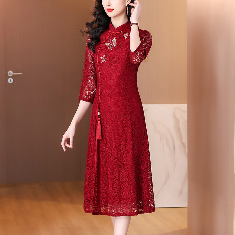 xxnz6607新中式喜婆婆婚宴装礼服裙2025夏季重工蕾丝酒红色连衣裙|undefined