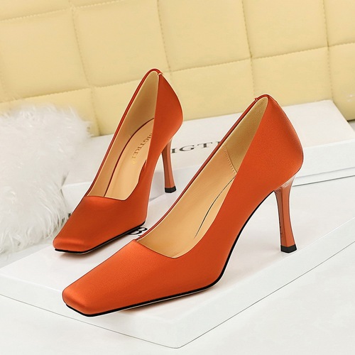 7731-1 Fashion Simple High Heels Slim Heels Super High Heels Shallow Mouth Square Head Satin Banquet Women's Shoes Single Shoe