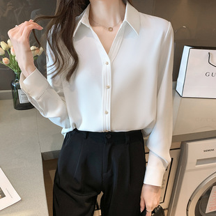 2025 Spring Satin Shirt for Women, Loose Long Sleeve Vertical Texture Shirt with Metal Buttons, Slimming Chiffon Shirt in Soft Satin Fabric