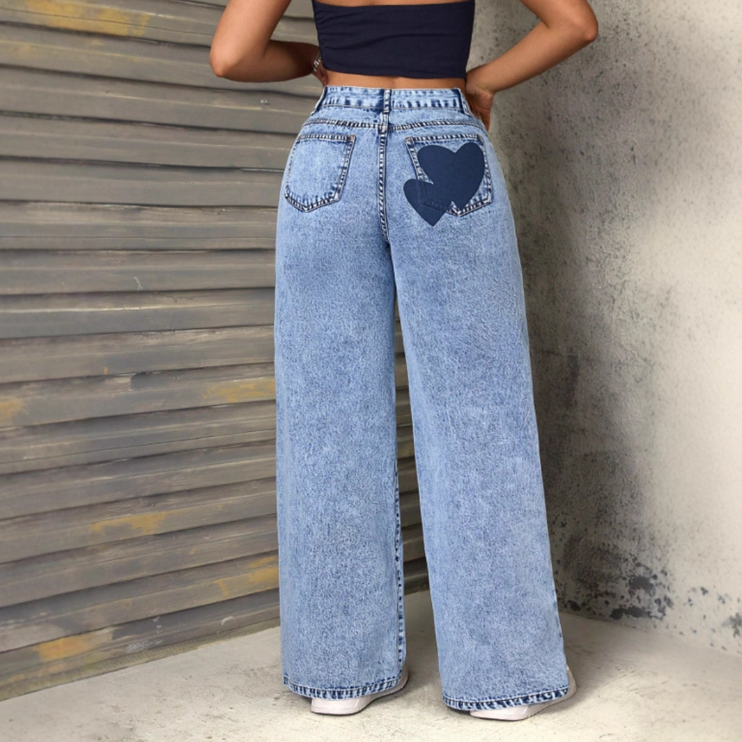 Women's Clothing Retro Women's Denim Trousers Heart Print Loose Fit European American Style For Formal & Casual_ecoleips.com