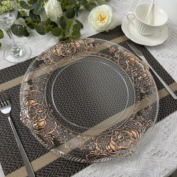 Cargador de plástico retro al por mayor decoración de fiesta de bodas 13 pulgadas oro plata borde cargador transparente
