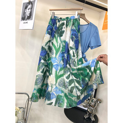 女性用の高級綿麻プリントスカート、夏用Aライン、大きな裾、ウエストゴム、肉感カバー、大きな花柄ミドル丈スカート