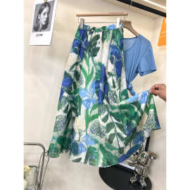 高端棉麻印花半身裙女夏季A字大摆松紧腰遮肉大花中长裙子