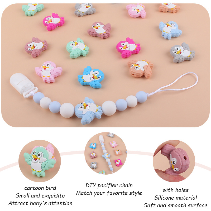 Bebé suministros de dibujos animados animal silicona pájaro mordedor creativo DIY bebé molar pezón anti-caída cadena Accesorios