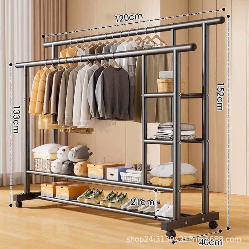 [파이프 직경 25mm] 120cm - 검정색 복층 평행봉 측면 수납망 + 바퀴