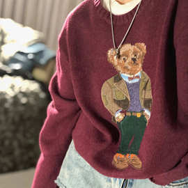 2025年新款春秋重工羊毛羊绒卡通小熊圆领学院减龄毛衣男女同款