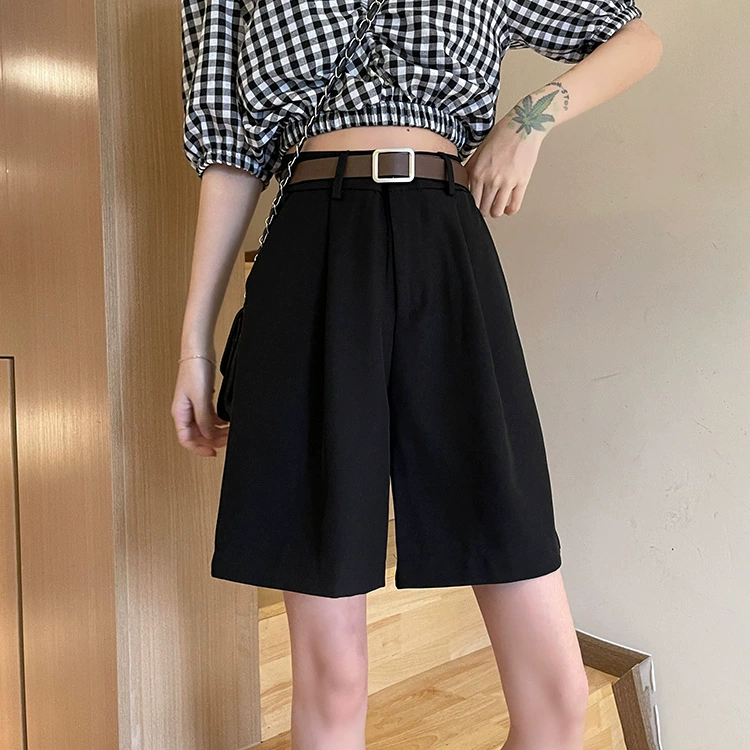 Костюм, шорты, брюки, 2021 год, высокий пояс, приталенный, свободный прямой крой