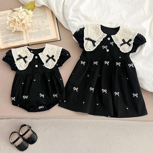 Korean version girls' summer short-sleeve infant onesie with butterfly collar, embroidered dress for little girls, sister set