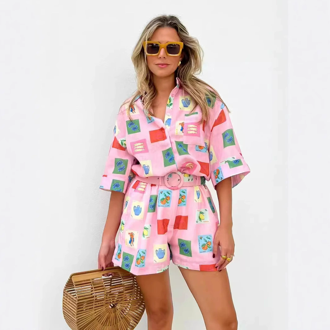 Австралийский прилив 2024 летний приморский отдых повседневная рубашка с короткими рукавами с поясом, квадратные шорты с принтом