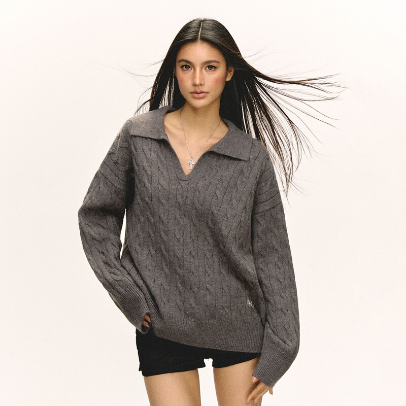 European and American Cross-Border Cable Knit Sweater for Women 2025 Autumn and Winter Polo Collar Pullover Knitwear Loose Lazy Style Top Women's Clothing European and American Cross-Border Cable Knit Sweater for Women 2025 Autumn and Winter Polo Collar Pullover Knitwear Loose Lazy Style Top Women's Clothing