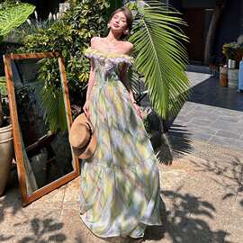南法花影浪漫印花撞色荷叶边大露背连衣裙度假风仙女长裙图片色