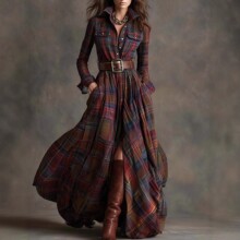 2025欧美跨境女装外贸法式复古格子衬衫领连衣裙女独立站秋冬新款