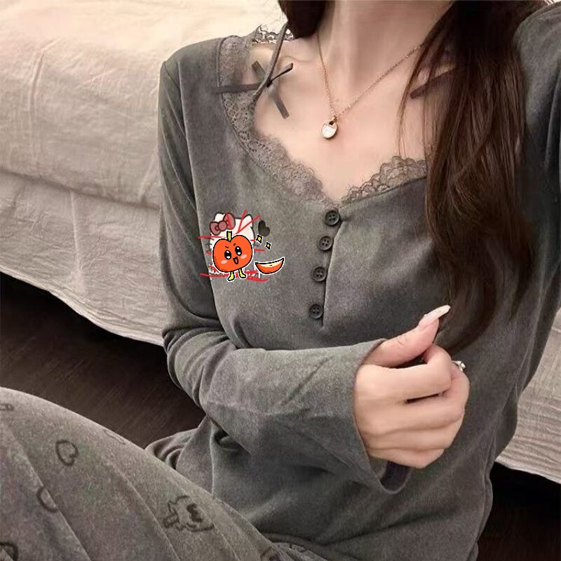 Pure Desire Style Kissy Pajamas for Women, German Velvet, Autumn and Winter Lace Patchwork Cartoon Kt, Warm and Slimming Homewear Set Pure Desire Style Kissy Pajamas for Women, German Velvet, Autumn and Winter Lace Patchwork Cartoon Kt, Warm and Slimming Homewear Set