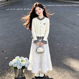 学院风时髦韩系格子拼接针织衫女童甜美可爱蝴蝶结半身裙两件套装