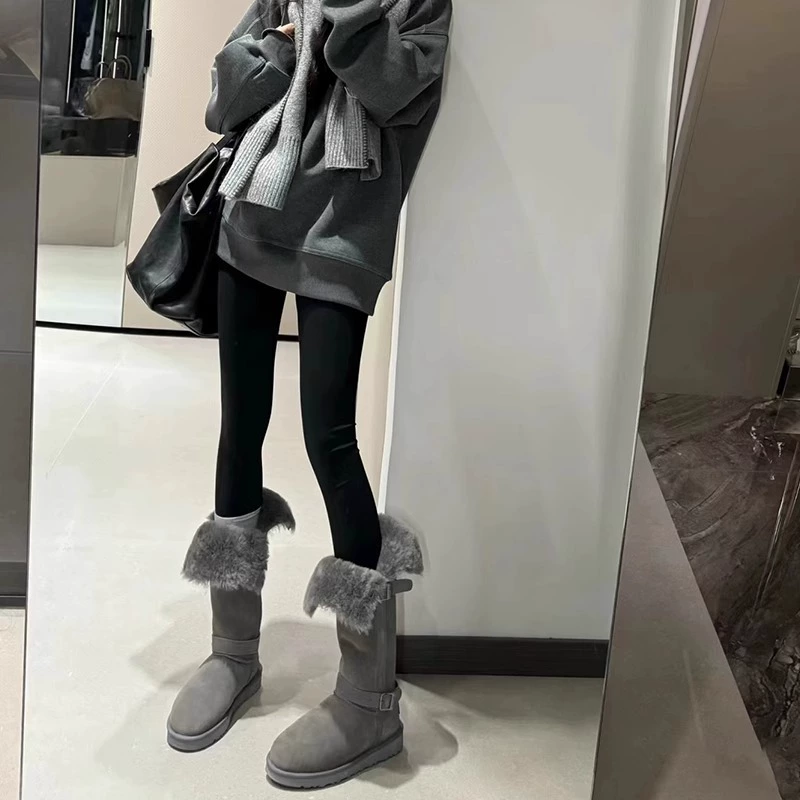 Версия с мягким мехом ~ женские зимние сапоги до середины икры на толстой подошве для похудения, новинка 2025 года, бархатные утолщенные теплые хлопковые туфли
