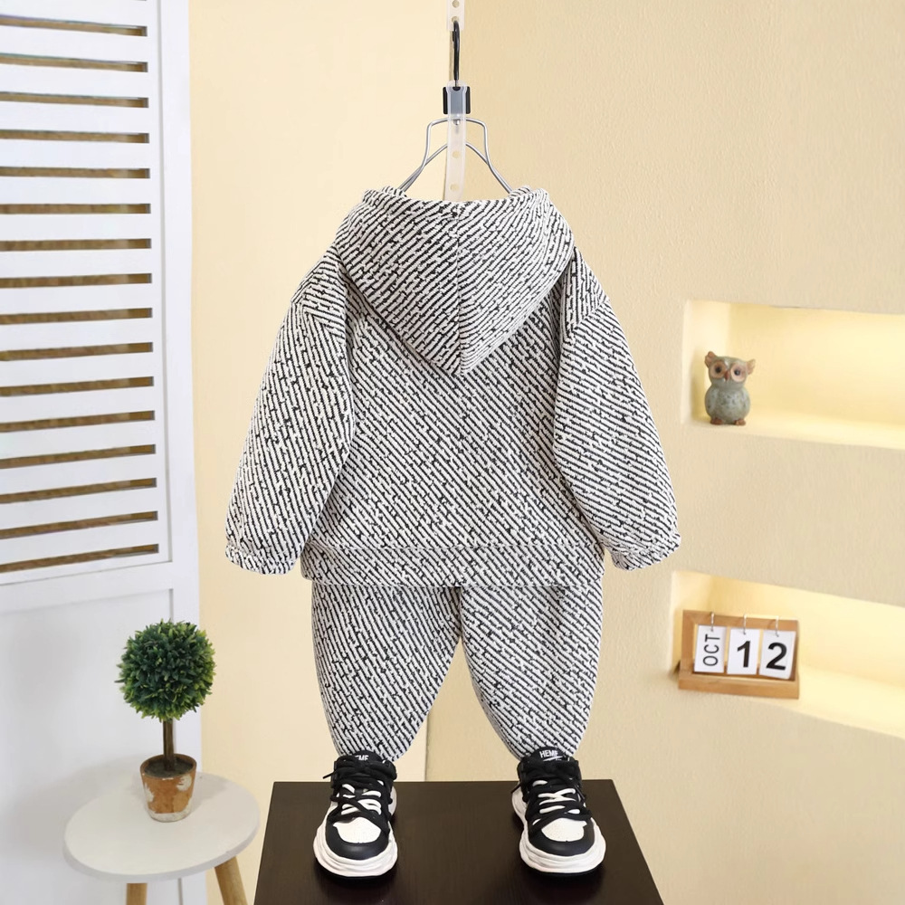 7568 niños primavera y otoño suéter con capucha 2025 primavera nuevos niños versión coreana de dos piezas pantalones de moda para niños