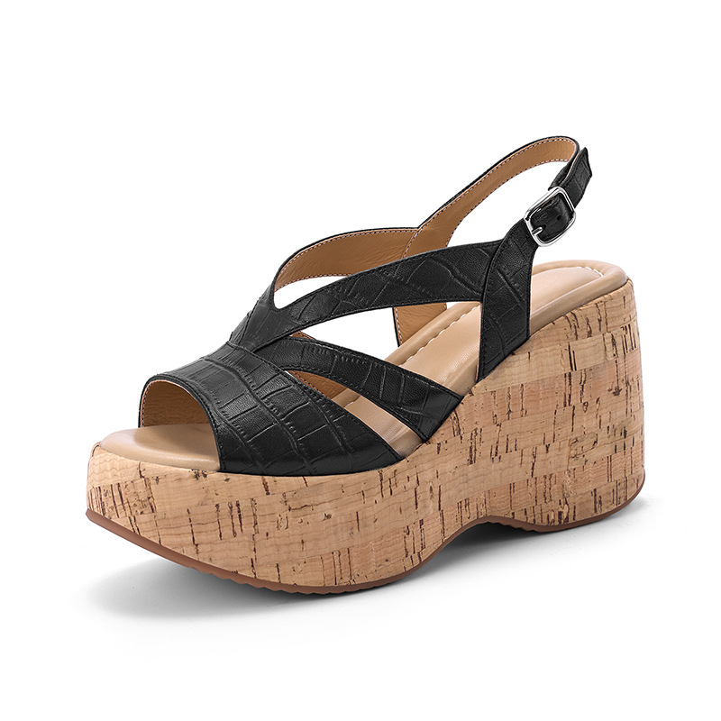 Sandal cao gót nữ hở mũi đế xuồng platform 10cm phong cách La Mã — màu đen, màu trắng ngà