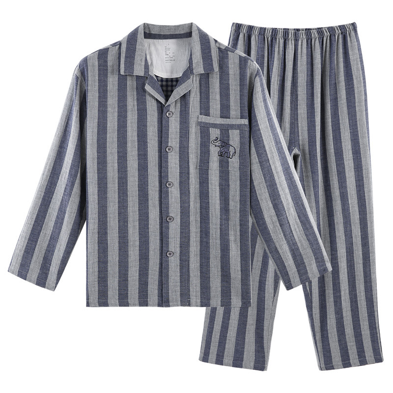日本式無印ルームウェア良品二重糸ルームウェアパジャマ綿メンズ女性用快適縦縞セット