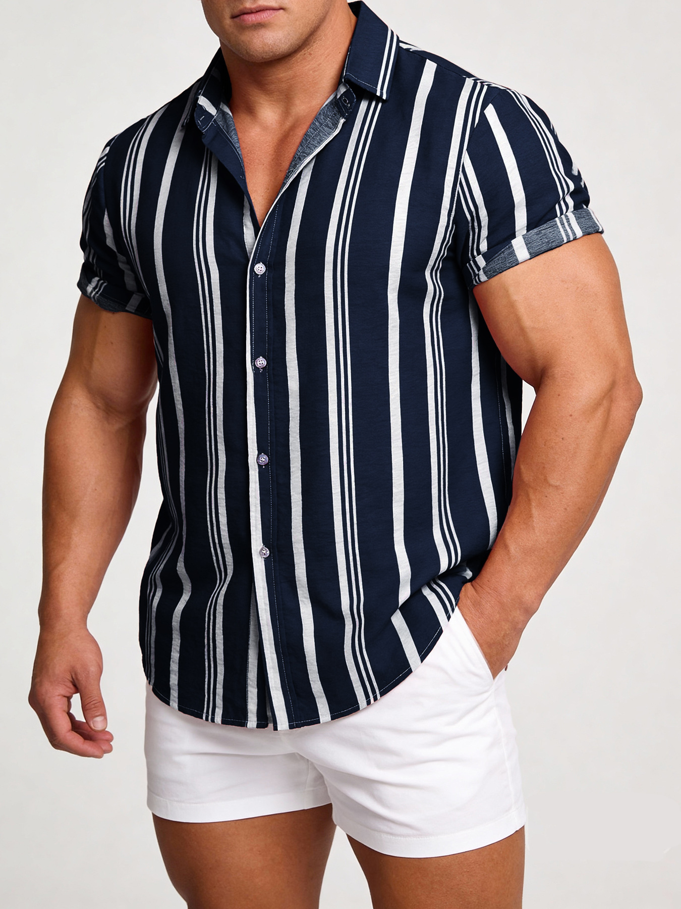 Ropa Masculina Transfronteriza, Primavera-Verano 2026, Nuevas Camisas para Hombre, Camisas Casuales de Manga Corta con Estampado de Rayas para Hombre