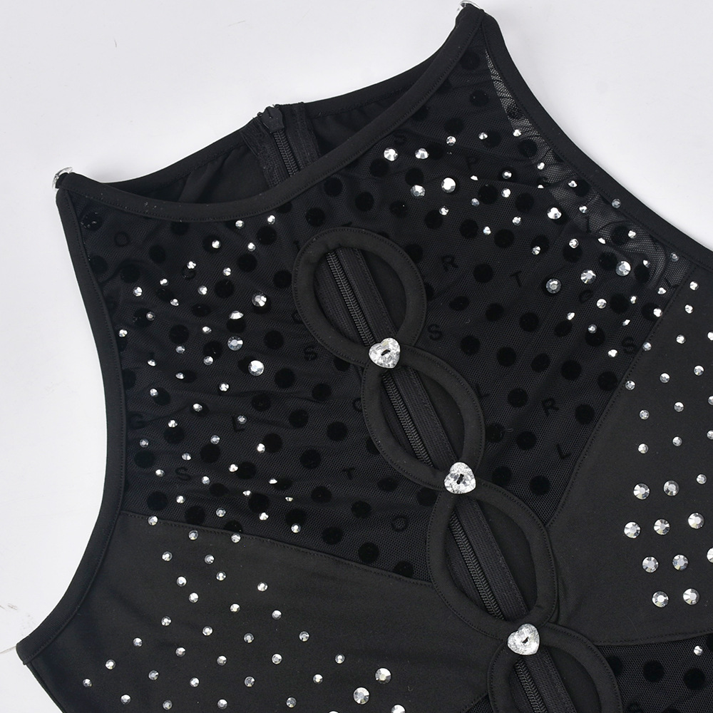 Women Sleeveless Mesh Rhinestone Zipper Hollow Out Cutout Crew Neck Flocking Jumpsuit
