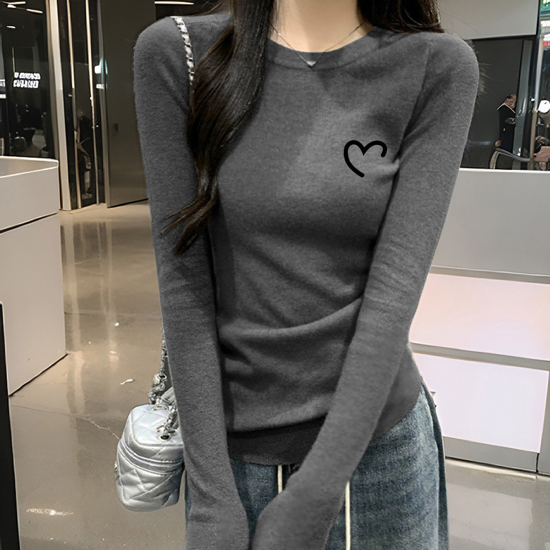 高级感灰色纯棉长袖t恤女内搭打底衫秋冬季修身显瘦正肩韩系上衣|undefined