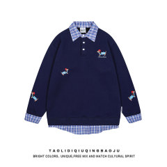 アメリカのレトロな子犬の刺繍の格子のPOLO襟の服の男女の学院の風の偽の2つのゆったりしている頭の上着の潮
