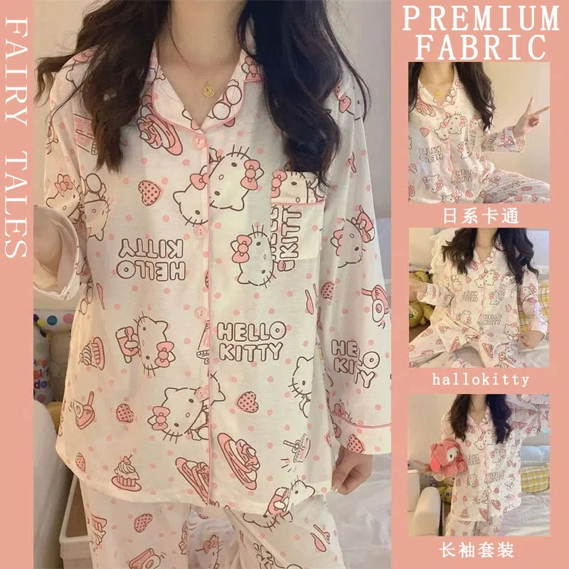 Пижамный набор Hello Kitty на осень (Hello Kitty) милый японский стиль, хлопок с длинным рукавом, размеры M–XXL