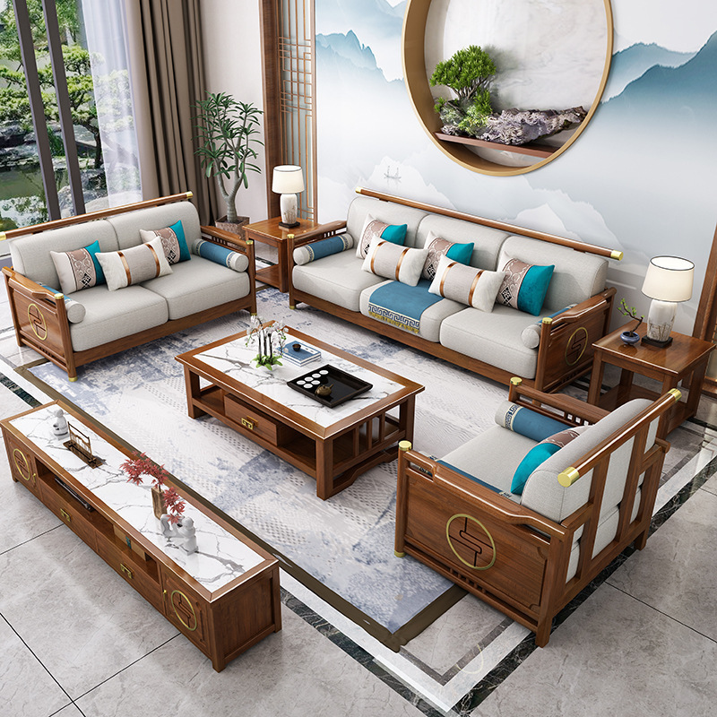 Modern Chinese-style full solid wood sofa set, suitable for small and large household types, living room sofa furniture, modern minimalist storage fabric sofa