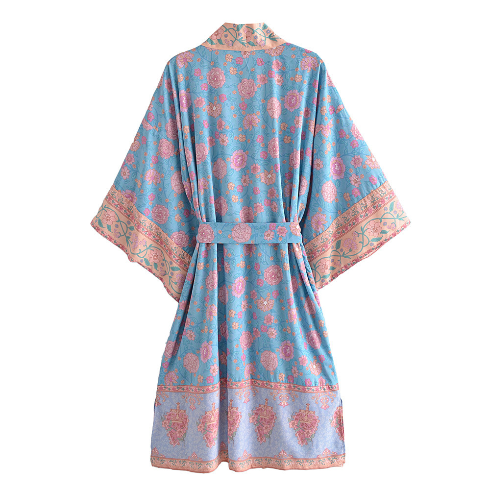 vestido kimono suelto de manga larga con cordones y estampado de flores NSAM134871