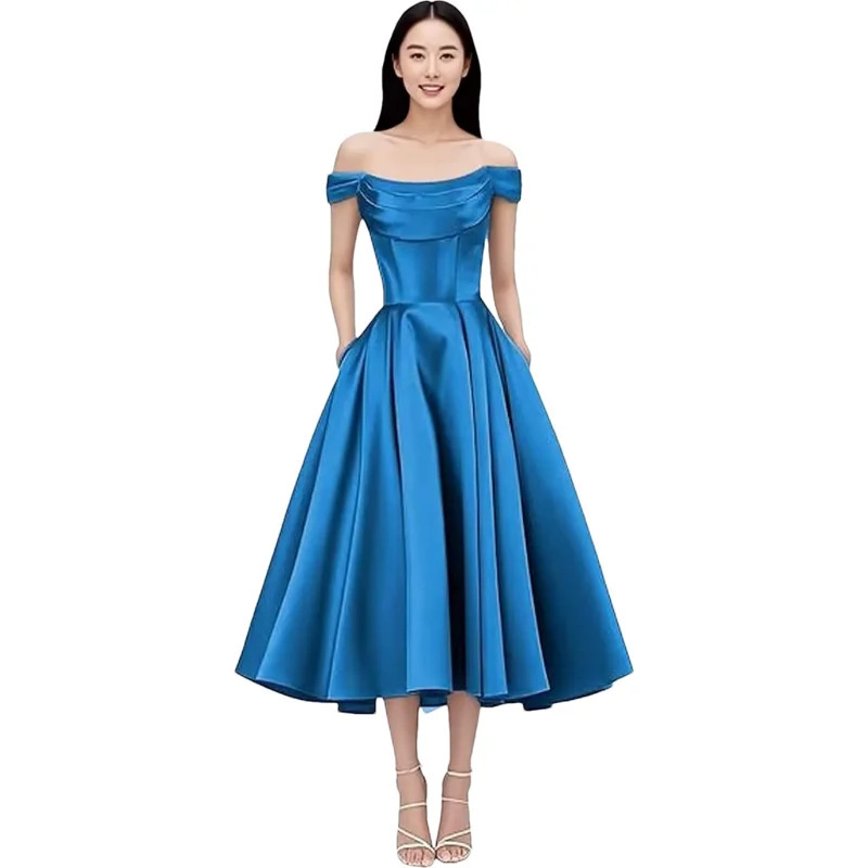European and American Foreign Trade Off-The-Shoulder Evening Dress, Cross-Border Amazon Light Luxury Satin Ball Gown, Party and Daily Wear Mid-Length Dress