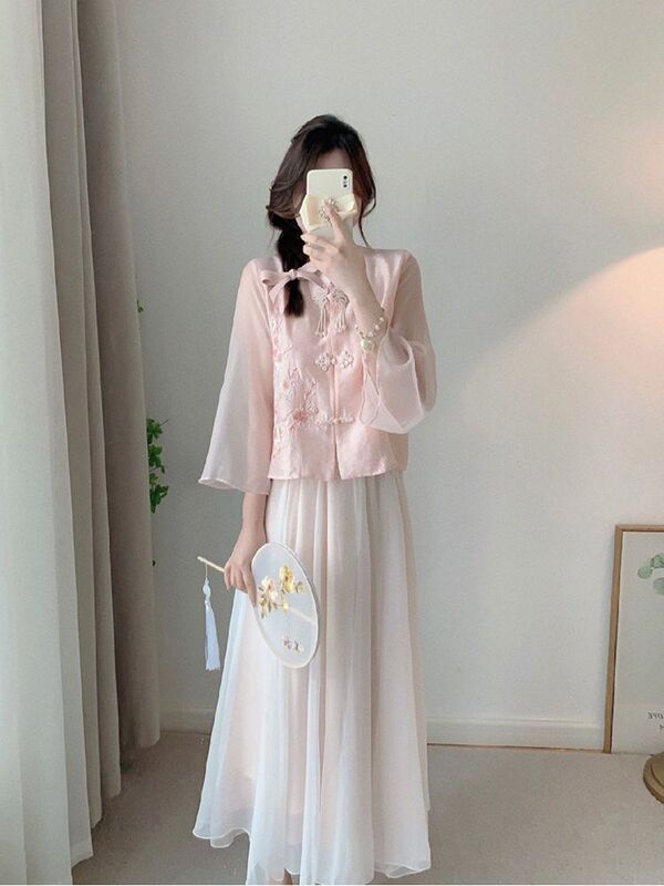 Summer New Tang Suit Chinese Style New Chinese Style Improved Hanfu Women's Clothing Pink Shirt Dress Two-piece Suit