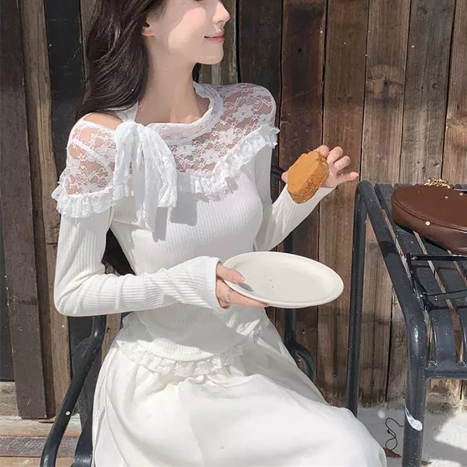 Spring lace long-sleeve, knitted sweater, Korean style