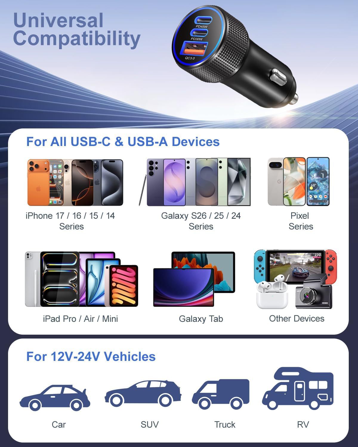 Amazon's Cross-Border Best-Selling Pd45W 2C+1A Multifunctional Car Charger Super Fast Charging Factory Wholesale