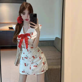 韩系甜美少女樱桃印花翻领连衣裙女2026夏季新款收腰显瘦超仙裙子