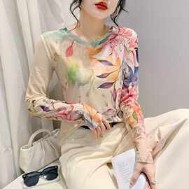 圆领长袖亲肤高弹印花网纱T恤女2024春季时尚气质长袖显瘦打底衫