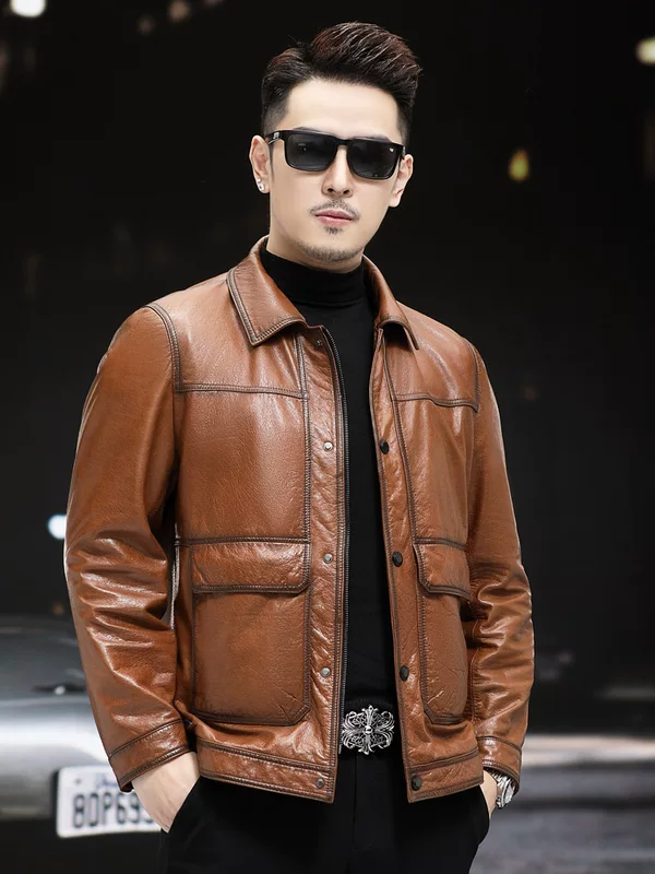 Leather short fitted liner with down, jacket, genuine leather, cowhide