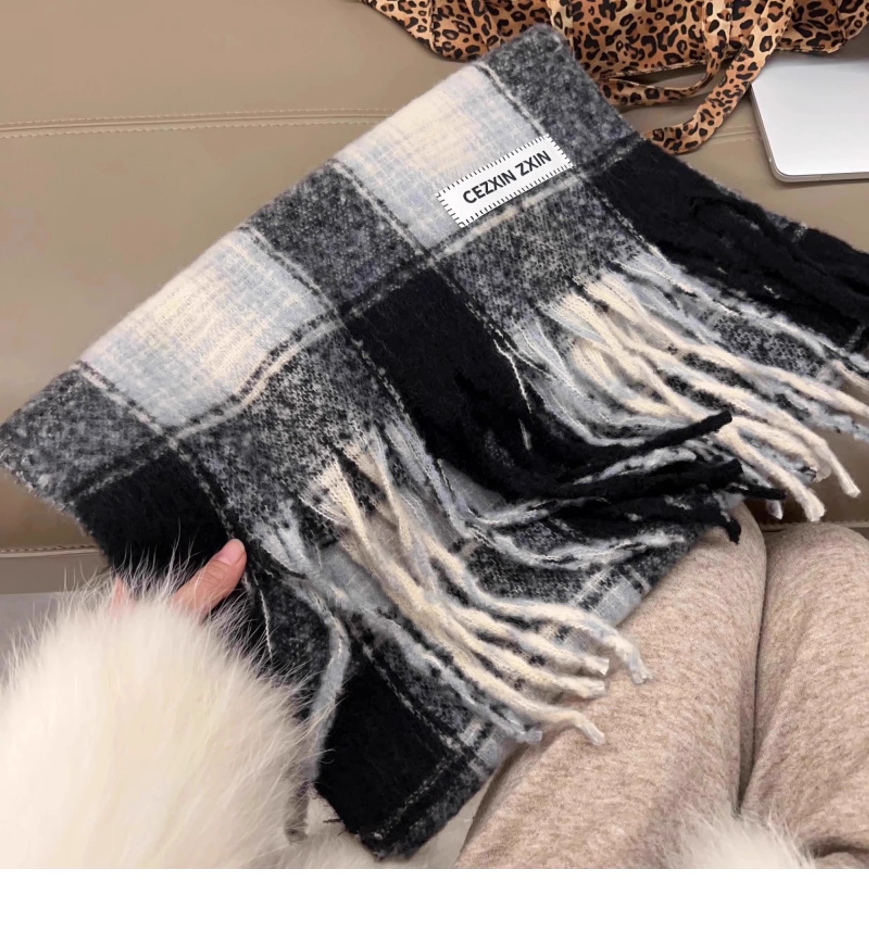Bufanda a cuadros gris rosa para mujer chal suave y cálido_voghion.com