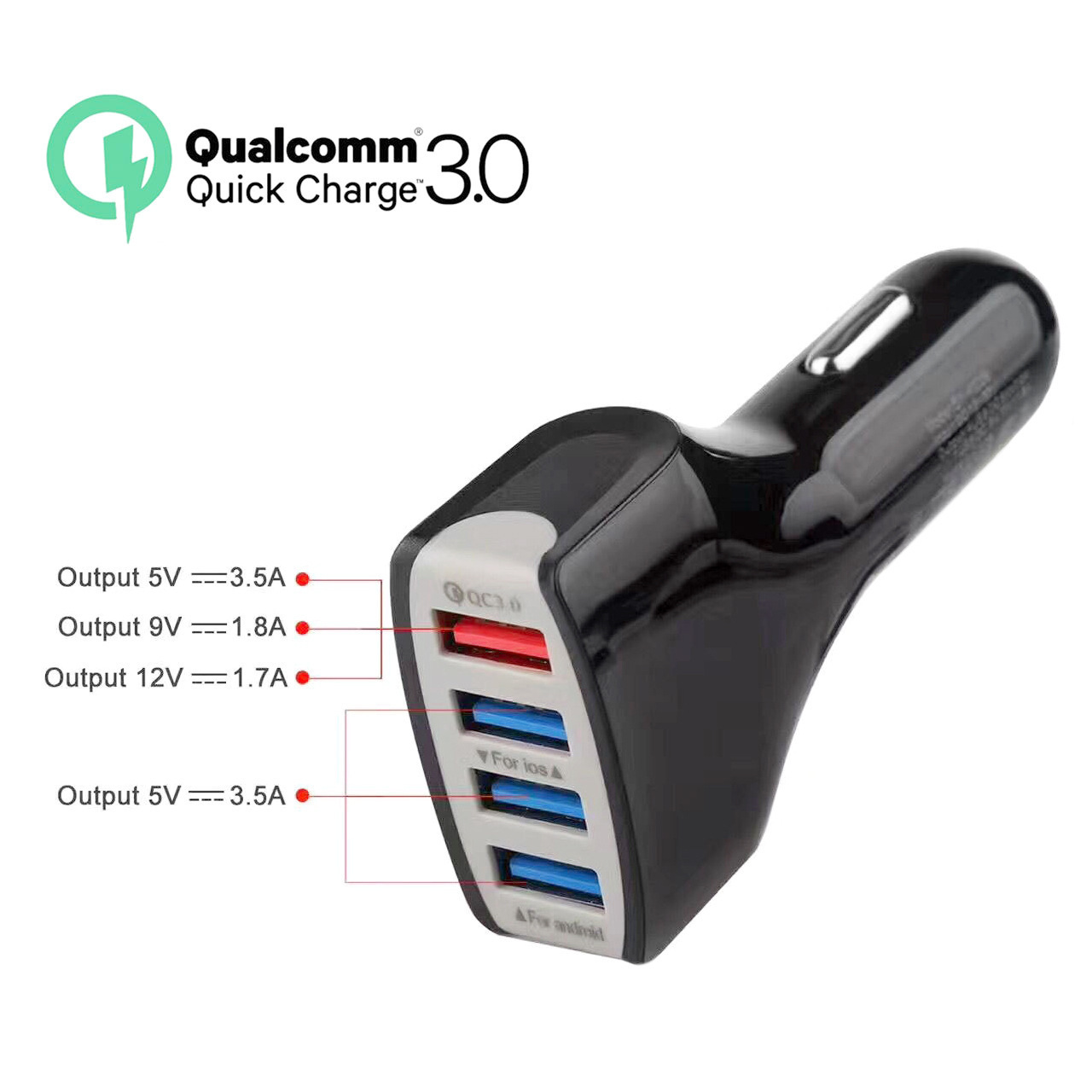 QC3.0 rapide 4USB adapté au chargeur de voiture Mobile Huawei Xiaomi 3A_voghion.com