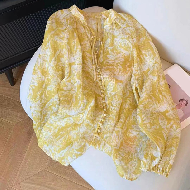 In-Stock French-Style Yellow Floral V-Neck Long-Sleeve Shirt 2026 Spring/Summer Loose Cardigan Slimming Lightweight Sun-Protective Top