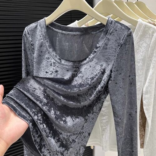 Black Sheer Velvet Top Spring and Autumn Long Sleeve Tall Straight High-end Stylish Top for Layering Thin Upper Shirt