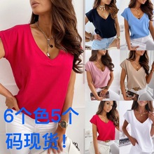 2024春夏秋亚马逊速卖通wish爆  春夏纯色短袖V领简约T恤上衣女装