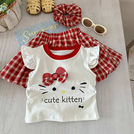 韩版女童时尚穿搭两件套新款短袖卡通上衣T恤花苞短裙裤裙套装夏