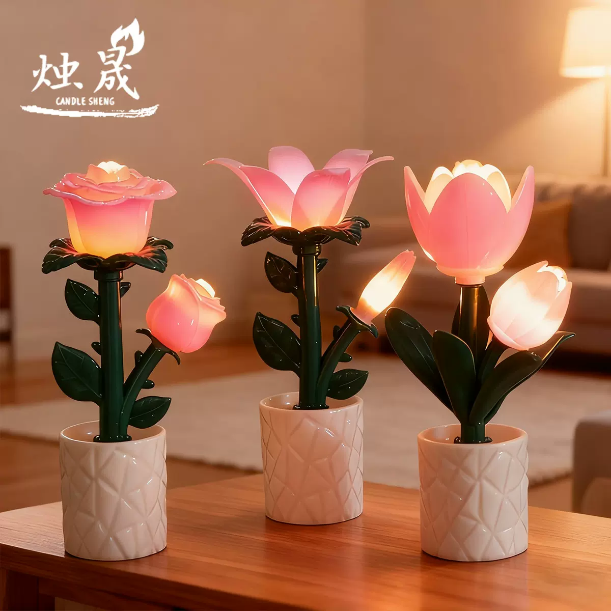 跨境创意摆件郁金香花海积木小夜灯 手工玫瑰花摆件LED氛围小台灯