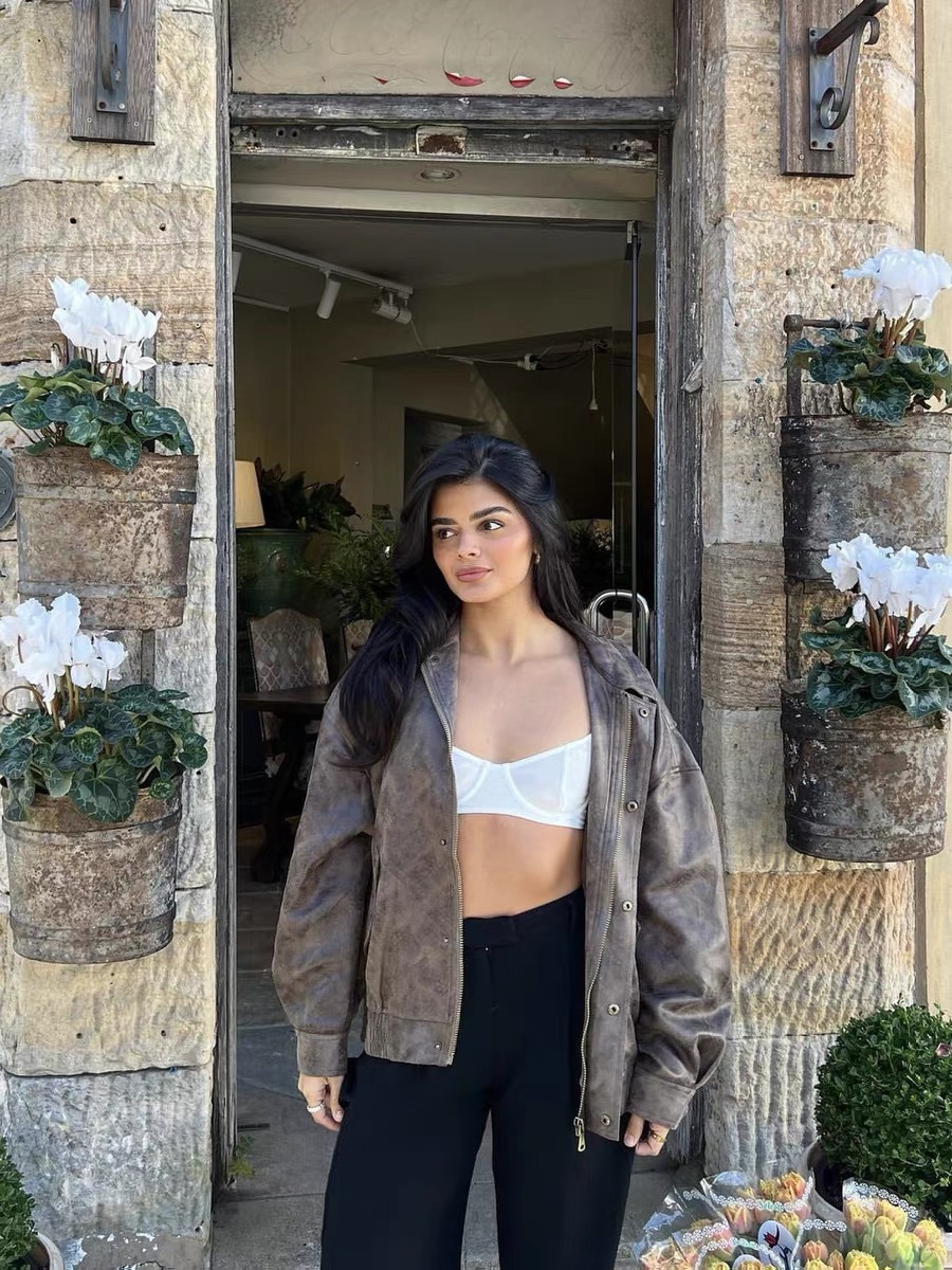 Giacca in pelle scamosciata marrone vintage per uomo e donna, giubbotto bomber oversize con chiusura a cerniera, cappotto in morbida similpelle_voghion.com