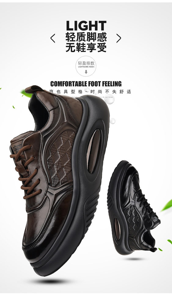 Giày thể thao nam da bò thật đế dày tăng chiều cao, giày sneaker nhẹ thoáng khí gót 3–5 cm — màu nâu, màu đen chi tiết 7