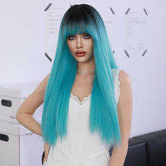 歐美假髮女湖藍色長直發劉海化纖合成假髮全頭套廠家批發Blue Wig