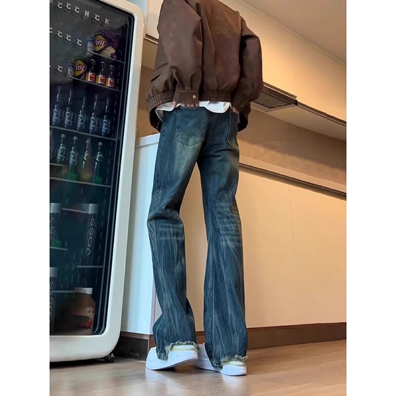 American Vibe High-Waisted Washed Vintage Blue Slub Denim Jeans for Men, Spring Straight-Leg Flared Pants