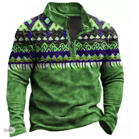 Polo de manga larga con media cremallera, estilo étnico, estampado en 3D, estilo europeo y americano, para venta transfronteriza