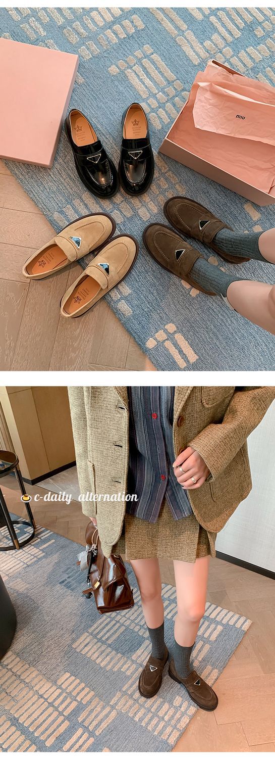 Giày lười nữ mũi tròn một chân miệng sâu gót thấp da lộn thời trang — Màu nâu, Màu đen, Màu mơ chi tiết 26